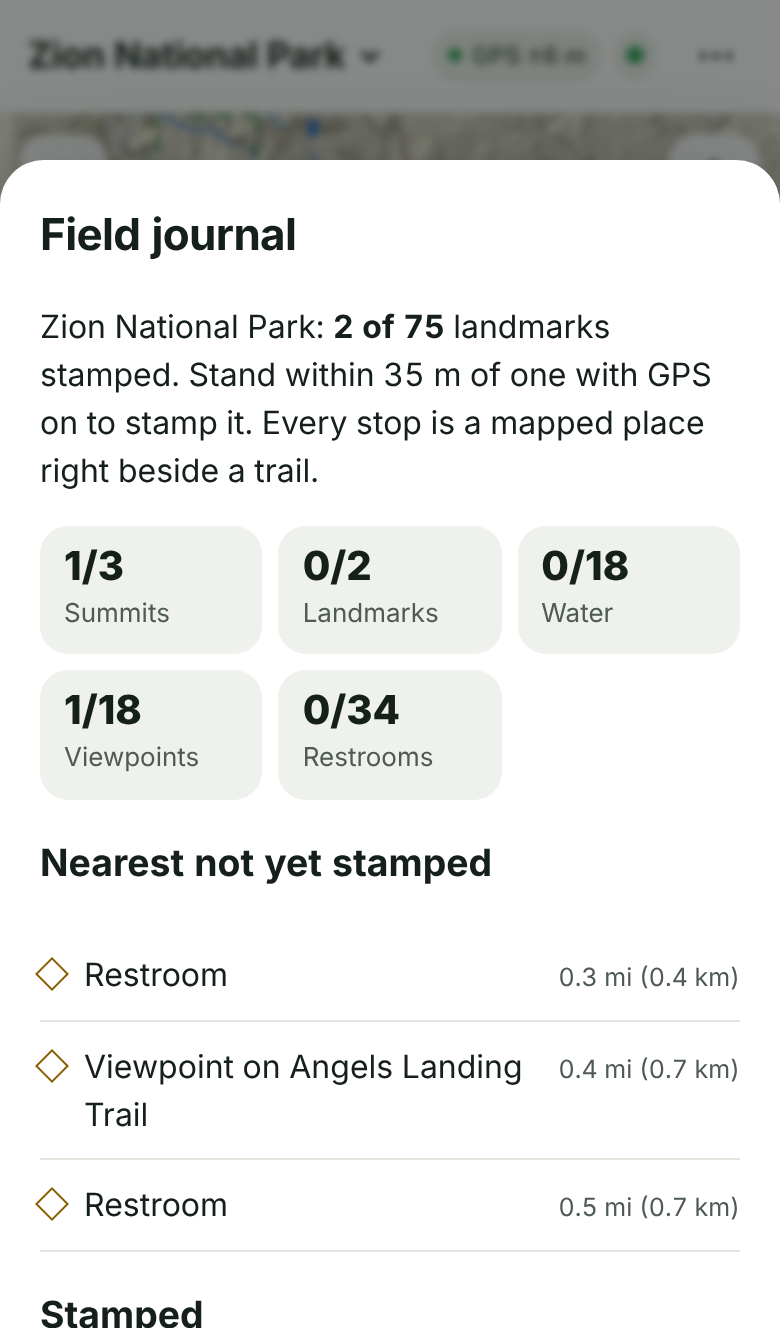 The park passport journal with stamped landmarks and counts by kind