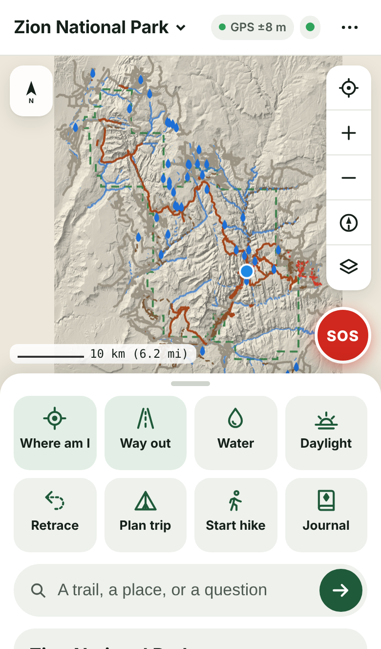 TrailTruth on a phone: a trail map of Zion with the hiker's position, and buttons for Where am I, Way out, Water and Daylight