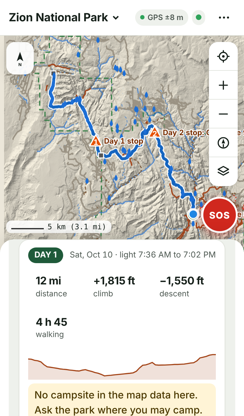 Trip planner with days, distances and camps